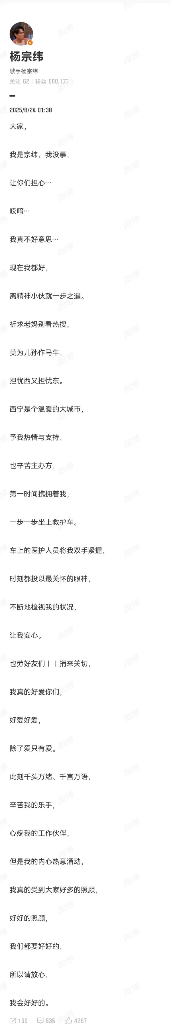 顶级配资 意外跌落2米高舞台，歌手杨宗纬凌晨发文报平安：现在我都好，离精神小伙就一步之遥